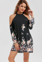 Cold Shoulder Floral Border Print Plus Size Shift Dress