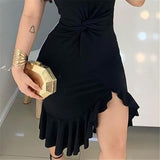 2020 Women Fashion Elegant Lady Dress Party Sweet Workwear Dress Casual One Shoulder Waist Twisted Ruffles Hem Dress-评价数量:2,订单数量:66