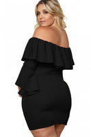 Black Plus Size Off Shoulder Layered Ruffle Bodycon Dress