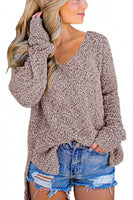 Khaki V Neck Popcorn Texture Loose Fit Sweater