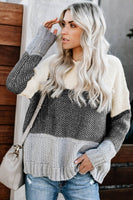 Brown Color Block Netted Texture Pullover Sweater