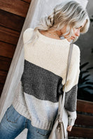 Brown Color Block Netted Texture Pullover Sweater