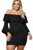 Black Plus Size Off Shoulder Layered Ruffle Bodycon Dress