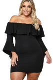 Black Plus Size Off Shoulder Layered Ruffle Bodycon Dress