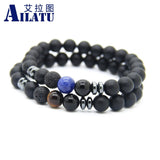 Ailatu Brand Fashion Men Jewelry 8mm Matte Glass Beads with Tiger Eye and Blue Veins Stone Lucky Bracelet