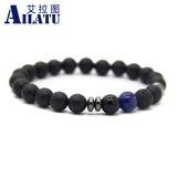 Ailatu Brand Fashion Men Jewelry 8mm Matte Glass Beads with Tiger Eye and Blue Veins Stone Lucky Bracelet