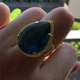 Gorgeous Male Female Big Water Drop Ring Men Women Yellow Gold Wedding Band Ring Luxury Blue Purple Zircon Engagement Ring