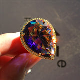 Gorgeous Male Female Big Water Drop Ring Men Women Yellow Gold Wedding Band Ring Luxury Blue Purple Zircon Engagement Ring