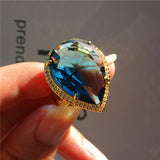 Gorgeous Male Female Big Water Drop Ring Men Women Yellow Gold Wedding Band Ring Luxury Blue Purple Zircon Engagement Ring