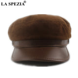 LA SPEZIA Real Suede Leather Military Hat Women Genuine Sheepskin Black Army Caps Autumn Winter High Quality Vintage Flat Cap