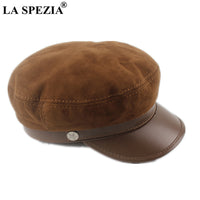 LA SPEZIA Real Suede Leather Military Hat Women Genuine Sheepskin Black Army Caps Autumn Winter High Quality Vintage Flat Cap