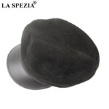 LA SPEZIA Real Suede Leather Military Hat Women Genuine Sheepskin Black Army Caps Autumn Winter High Quality Vintage Flat Cap