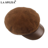 LA SPEZIA Real Suede Leather Military Hat Women Genuine Sheepskin Black Army Caps Autumn Winter High Quality Vintage Flat Cap