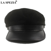 LA SPEZIA Real Suede Leather Military Hat Women Genuine Sheepskin Black Army Caps Autumn Winter High Quality Vintage Flat Cap