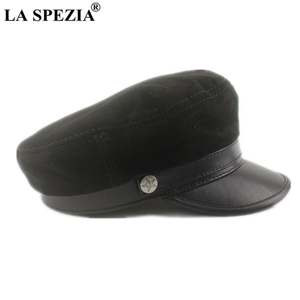 LA SPEZIA Real Suede Leather Military Hat Women Genuine Sheepskin Black Army Caps Autumn Winter High Quality Vintage Flat Cap