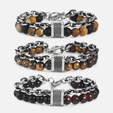 Mens Bracelets Beaded Tiger Eye Stone Lava Lapis Lazuli Gunmetal Stainless Steel Charm Wheat Rolo Chain Bracelet for Men LDBM47