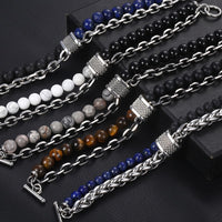 Mens Bracelets Beaded Tiger Eye Stone Lava Lapis Lazuli Gunmetal Stainless Steel Charm Wheat Rolo Chain Bracelet for Men LDBM47