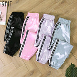 SFIT Big Pocket Satin Highlight Harem Pants Women Glossy Sport Ribbon Trousers BF Harajuku Joggers Women's Sports Pants