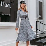 Simplee Vintage pleated belt plaid dress women Elegant office ladies blazer dresses Long sleeve female autumn midi party dress