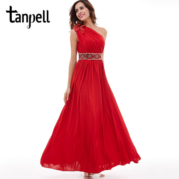 Tanpell one shoulder evening dress red sleeveless floor length a line gown cheap beaded ruched ladies party long evening dresses