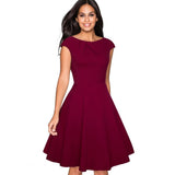 Women Elegant Summer Solid Color Ruched Cap Sleeve Casual Wear To Work Office Party Fitted Skater A-Line Swing Dress EA067