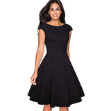 Women Elegant Summer Solid Color Ruched Cap Sleeve Casual Wear To Work Office Party Fitted Skater A-Line Swing Dress EA067