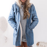 Women's Hooded Jackets Female Jacket Plush Coat Casual Long Sleeve Denim Jacket Long Jean Outwear Overcoat Feminine Coat