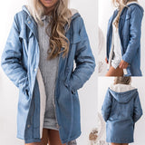 Women's Hooded Jackets Female Jacket Plush Coat Casual Long Sleeve Denim Jacket Long Jean Outwear Overcoat Feminine Coat