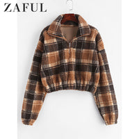 ZAFUL Fleece Faux Fur Plaid Hoodies Women Zipper Loose Casual Sweatshirts Female Thicken Warm Plush Tops Autumn Winter Jackets