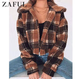 ZAFUL Fleece Faux Fur Plaid Hoodies Women Zipper Loose Casual Sweatshirts Female Thicken Warm Plush Tops Autumn Winter Jackets