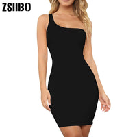 ZSIIBO Women's Casual Basic One Shoulder Tank Top Bodycon long sleeve sleeveless Mini Club Dress drop shipping