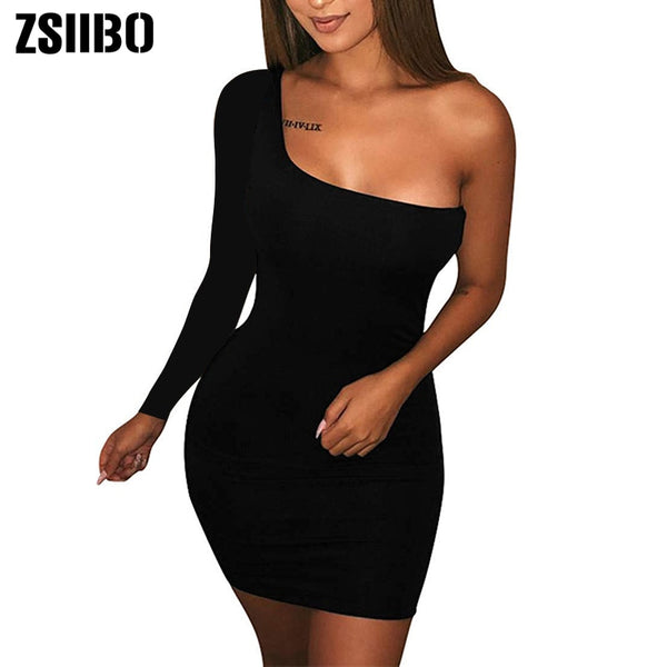 ZSIIBO Women's Casual Basic One Shoulder Tank Top Bodycon long sleeve sleeveless Mini Club Dress drop shipping