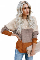 Brown Color Block Netted Texture Pullover Sweater