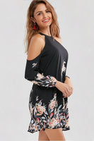 Cold Shoulder Floral Border Print Plus Size Shift Dress