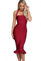 Wine Halter Mermaid Midi Bodycon Bandage Dress with Flare