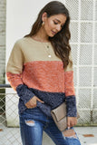 Brown Color Block Netted Texture Pullover Sweater