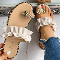 ladies sandals summer casual sandals Women's Flat Toe Pineapple Pearl Bohemian Casual Shoes Flat with Beach Sandal Slippers Ju10