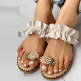 ladies sandals summer casual sandals Women's Flat Toe Pineapple Pearl Bohemian Casual Shoes Flat with Beach Sandal Slippers Ju10