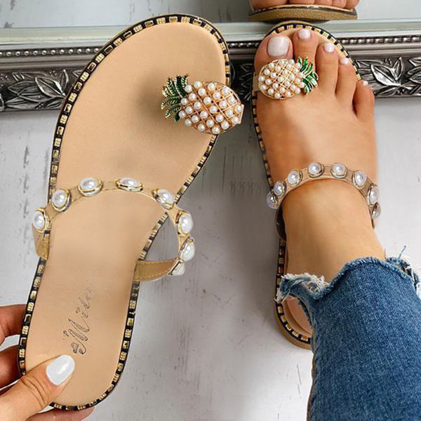 ladies sandals summer casual sandals Women's Flat Toe Pineapple Pearl Bohemian Casual Shoes Flat with Beach Sandal Slippers Ju10