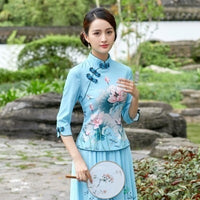 Sheng Coco 4XL Plus Size Woman's Chinese Traditional Clothing Elegant Shirts Ancient Chinese Cheongsam Qipao Blouse Tops Blue