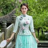 Sheng Coco 4XL Plus Size Woman's Chinese Traditional Clothing Elegant Shirts Ancient Chinese Cheongsam Qipao Blouse Tops Blue