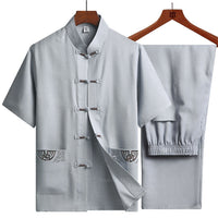 Traditional Chinese Clothing Set for Men Adult Tai Chi Kung Fu Uniforms Linen Short Sleeve Embroidery Casual Chinese Costumes