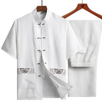 Traditional Chinese Clothing Set for Men Adult Tai Chi Kung Fu Uniforms Linen Short Sleeve Embroidery Casual Chinese Costumes