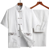 Traditional Chinese Clothing Set for Men Adult Tai Chi Kung Fu Uniforms Linen Short Sleeve Embroidery Casual Chinese Costumes