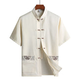 Traditional Chinese Clothing Set for Men Adult Tai Chi Kung Fu Uniforms Linen Short Sleeve Embroidery Casual Chinese Costumes